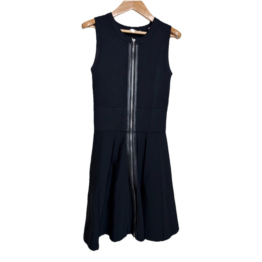 A.L.C. Black Ribbed Knit Full Zip‎ Front Leather Trim Fit Flare Dress XS